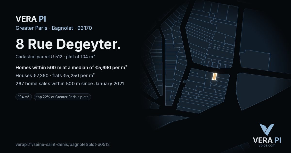 8 Rue Degeyter, Bagnolet at night – the plot lit, the parcels around coloured by the prices near them