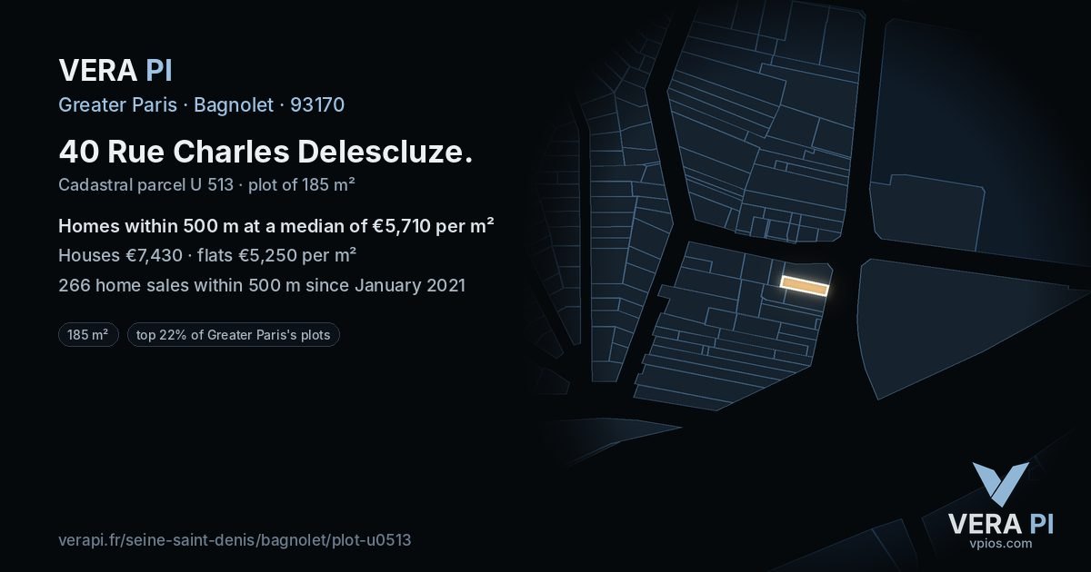 40 Rue Charles Delescluze, Bagnolet at night – the plot lit, the parcels around coloured by the prices near them