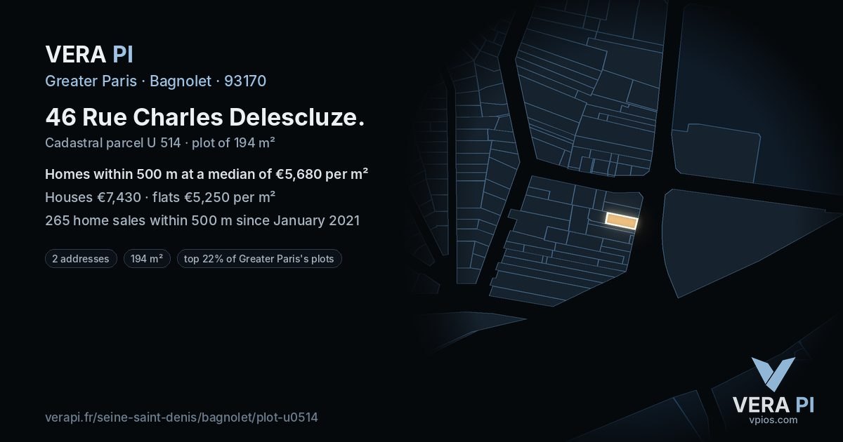 46 Rue Charles Delescluze, Bagnolet at night – the plot lit, the parcels around coloured by the prices near them