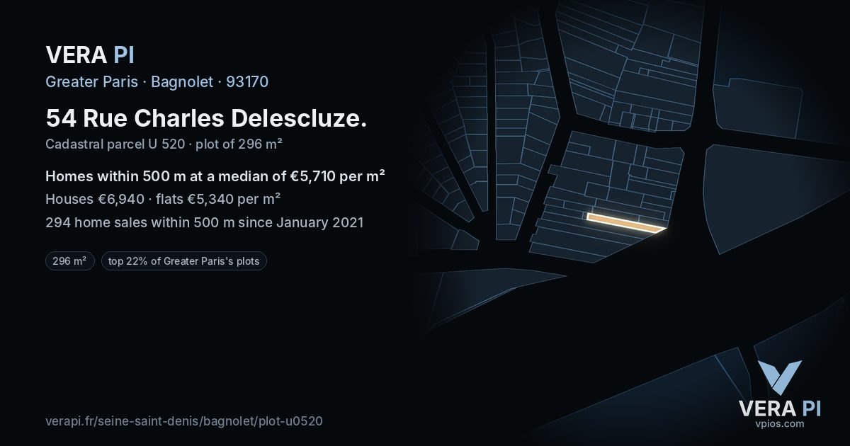 54 Rue Charles Delescluze, Bagnolet at night – the plot lit, the parcels around coloured by the prices near them