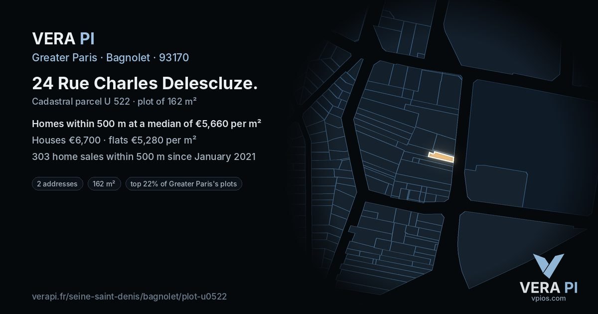 24 Rue Charles Delescluze, Bagnolet at night – the plot lit, the parcels around coloured by the prices near them