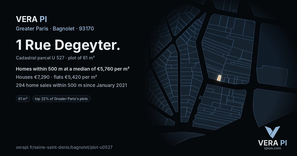 1 Rue Degeyter, Bagnolet at night – the plot lit, the parcels around coloured by the prices near them