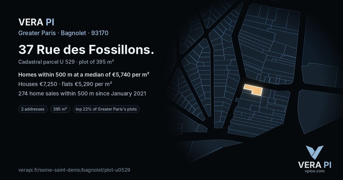 37 Rue des Fossillons, Bagnolet at night – the plot lit, the parcels around coloured by the prices near them