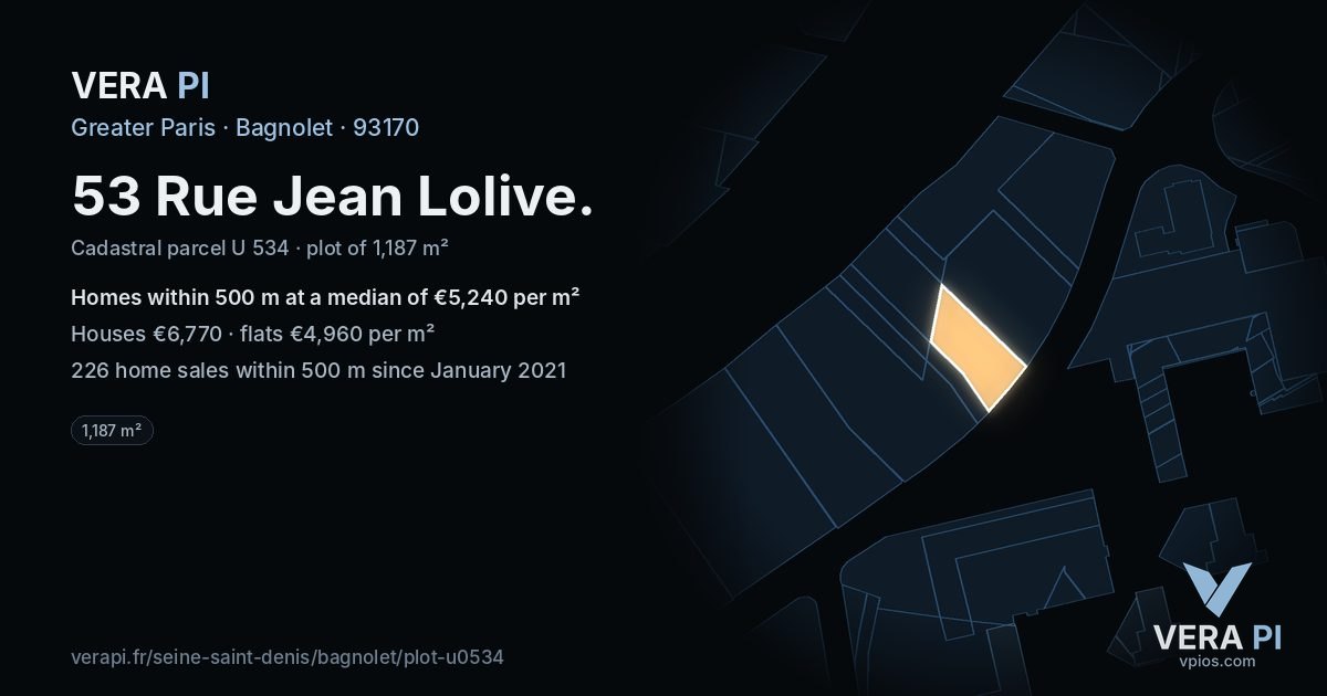 53 Rue Jean Lolive, Bagnolet at night – the plot lit, the parcels around coloured by the prices near them