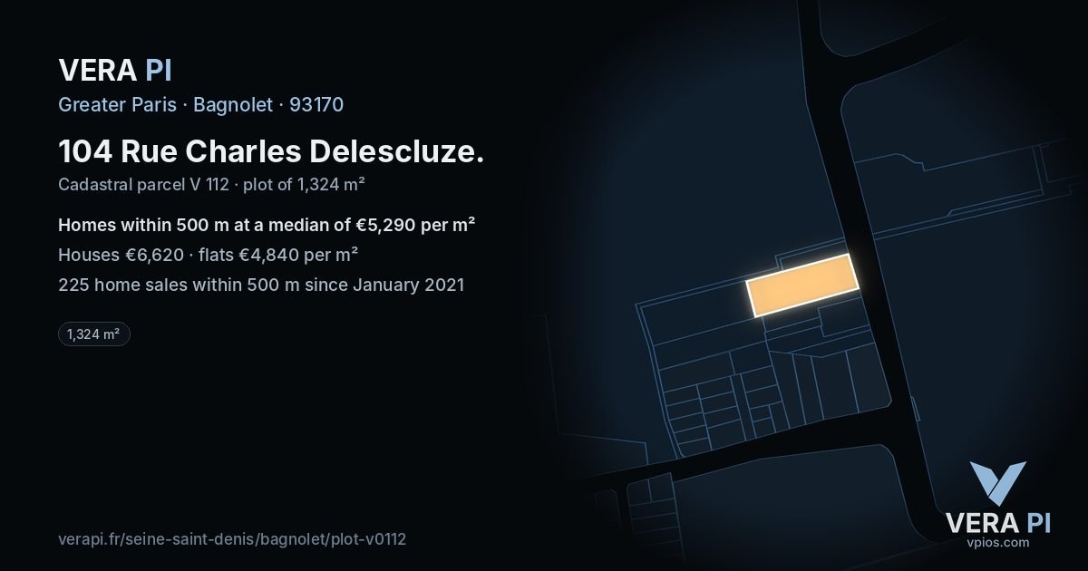 104 Rue Charles Delescluze, Bagnolet at night – the plot lit, the parcels around coloured by the prices near them