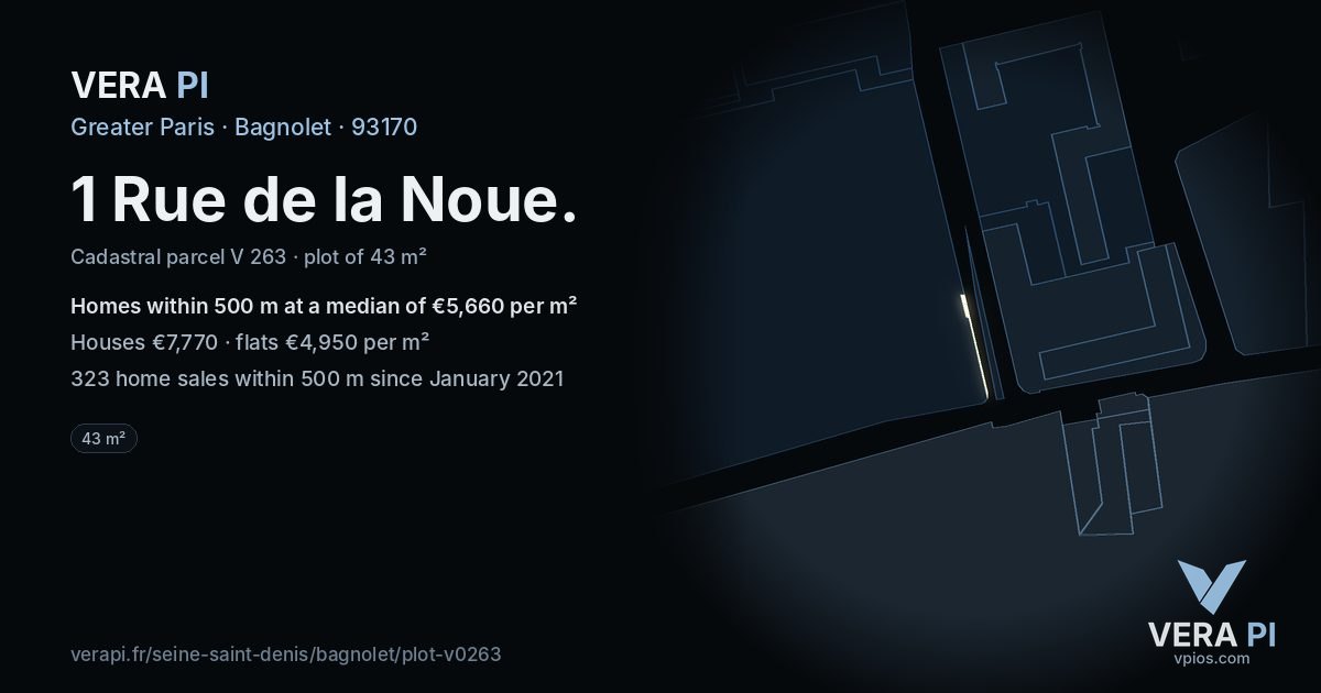 1 Rue de la Noue, Bagnolet at night – the plot lit, the parcels around coloured by the prices near them