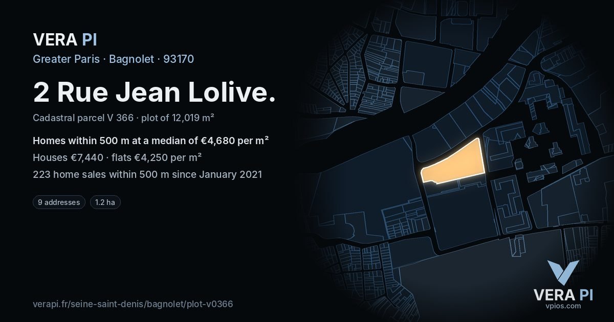 2 Rue Jean Lolive, Bagnolet at night – the plot lit, the parcels around coloured by the prices near them