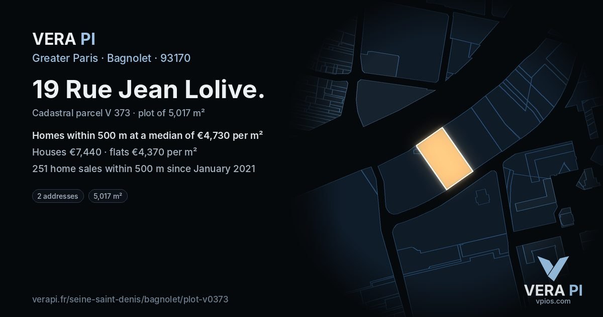 19 Rue Jean Lolive, Bagnolet at night – the plot lit, the parcels around coloured by the prices near them