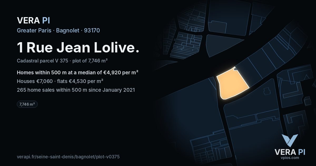 1 Rue Jean Lolive, Bagnolet at night – the plot lit, the parcels around coloured by the prices near them