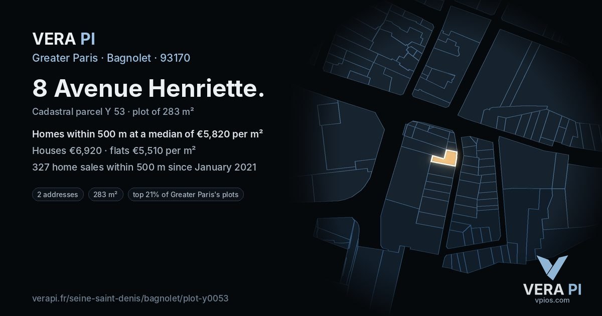 8 Avenue Henriette, Bagnolet at night – the plot lit, the parcels around coloured by the prices near them