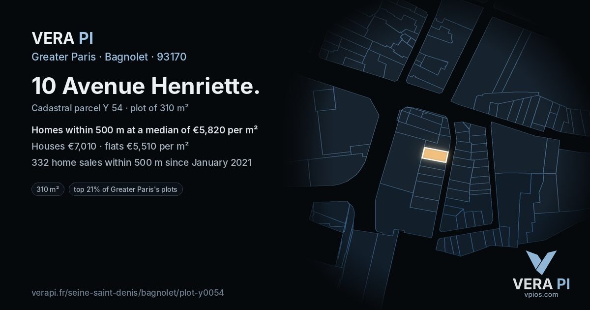 10 Avenue Henriette, Bagnolet at night – the plot lit, the parcels around coloured by the prices near them