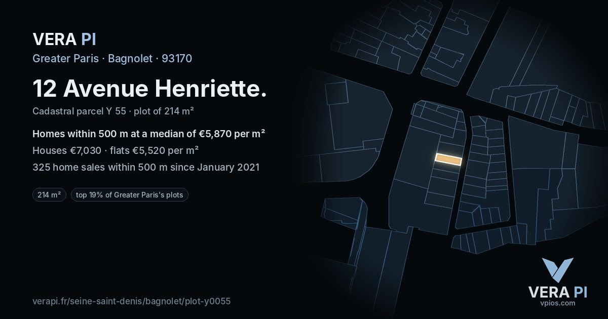 12 Avenue Henriette, Bagnolet at night – the plot lit, the parcels around coloured by the prices near them