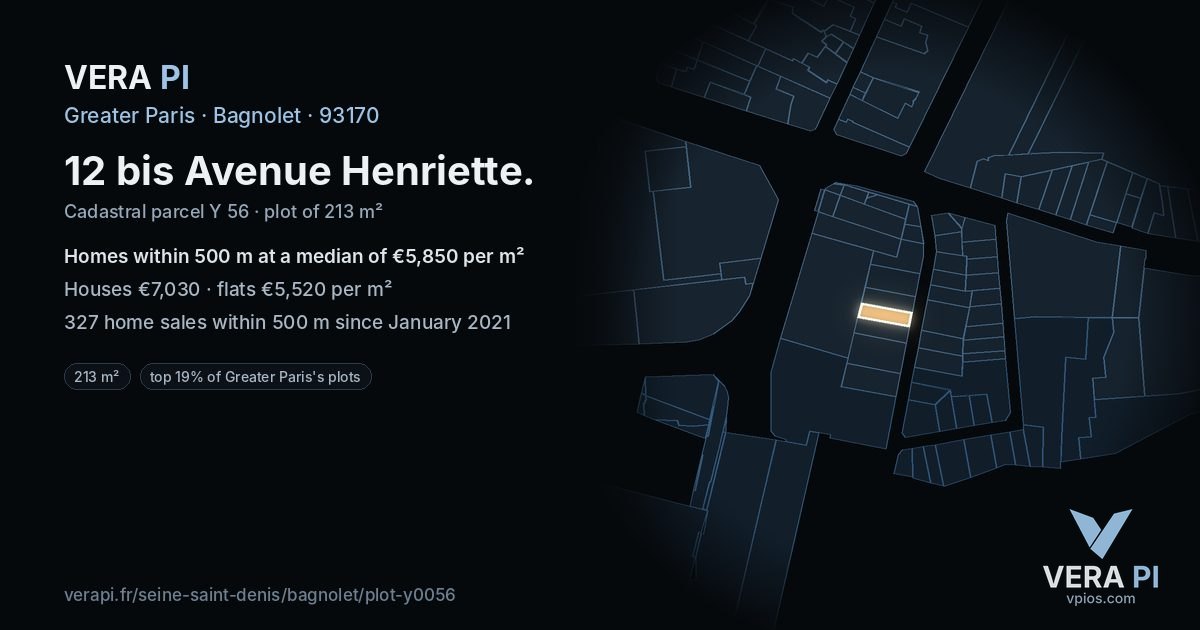 12 bis Avenue Henriette, Bagnolet at night – the plot lit, the parcels around coloured by the prices near them