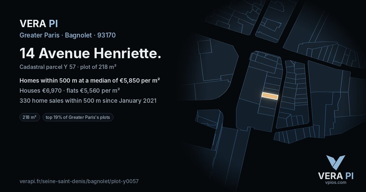 14 Avenue Henriette, Bagnolet at night – the plot lit, the parcels around coloured by the prices near them