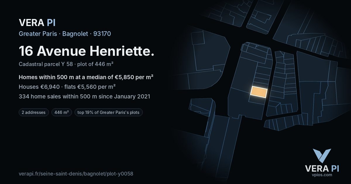 16 Avenue Henriette, Bagnolet at night – the plot lit, the parcels around coloured by the prices near them