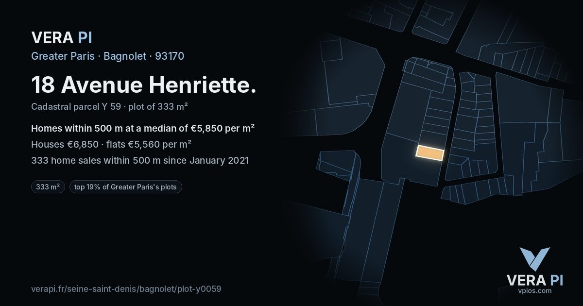 18 Avenue Henriette, Bagnolet at night – the plot lit, the parcels around coloured by the prices near them