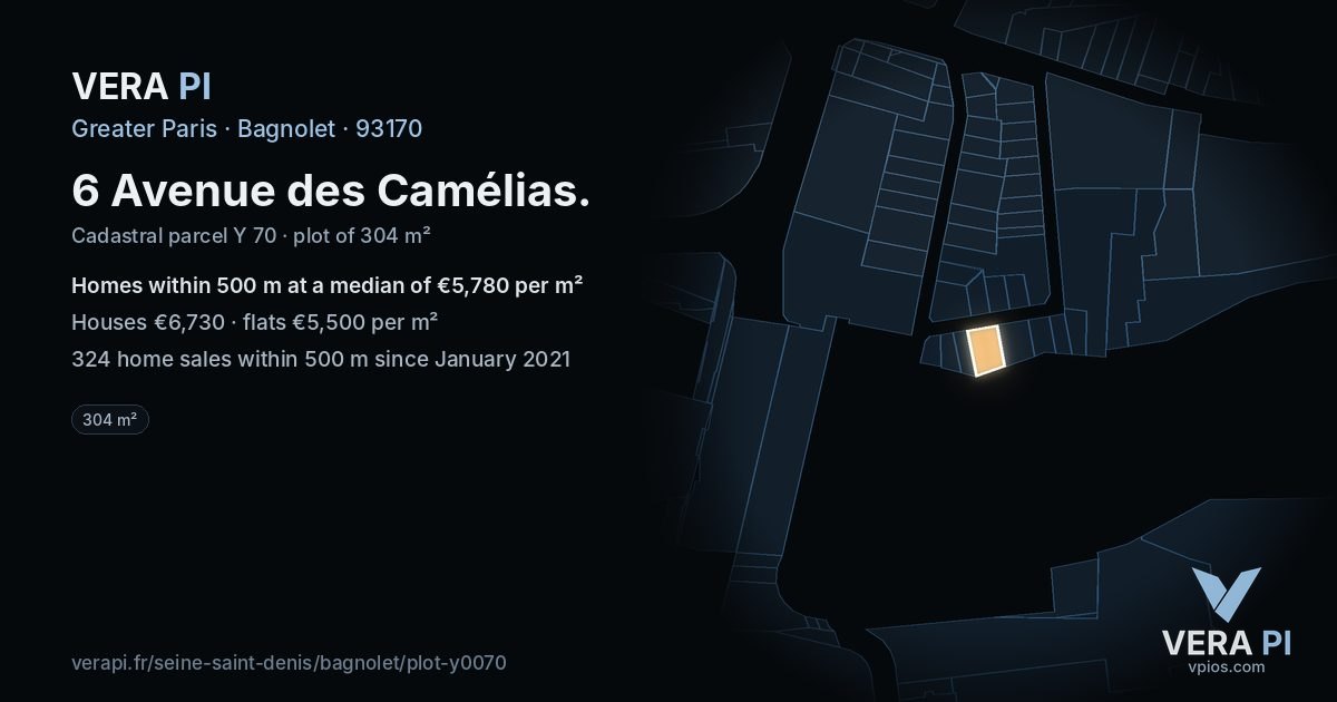6 Avenue des Camélias, Bagnolet at night – the plot lit, the parcels around coloured by the prices near them
