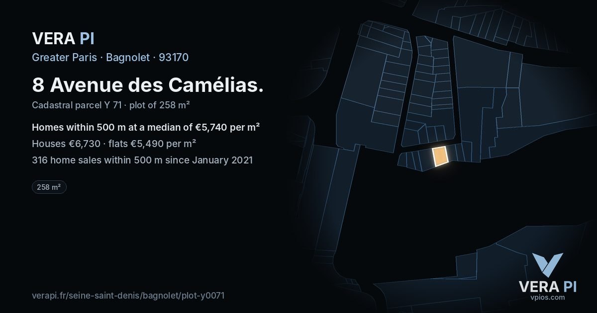 8 Avenue des Camélias, Bagnolet at night – the plot lit, the parcels around coloured by the prices near them