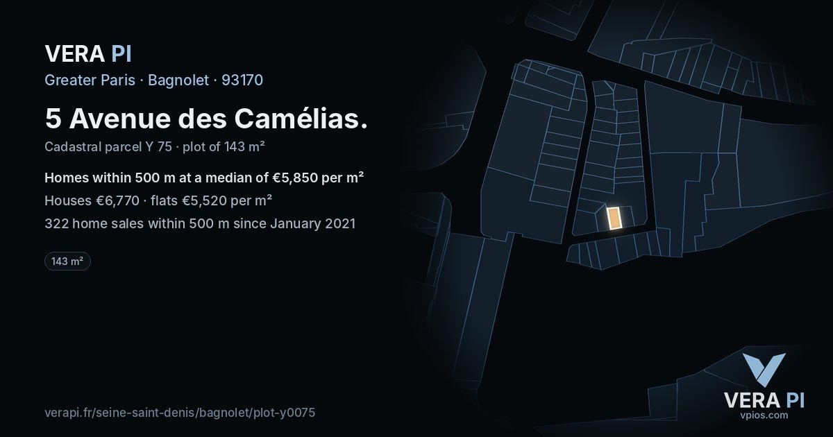 5 Avenue des Camélias, Bagnolet at night – the plot lit, the parcels around coloured by the prices near them
