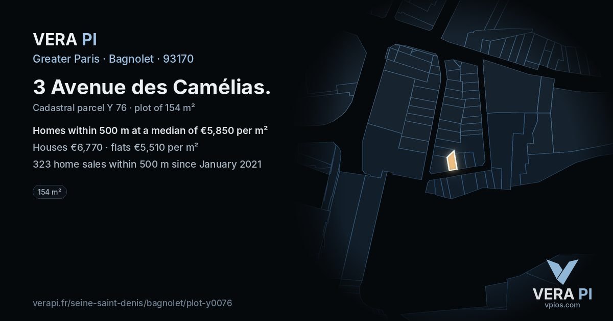 3 Avenue des Camélias, Bagnolet at night – the plot lit, the parcels around coloured by the prices near them