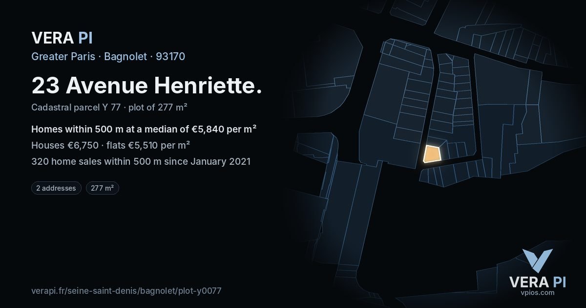 23 Avenue Henriette, Bagnolet at night – the plot lit, the parcels around coloured by the prices near them