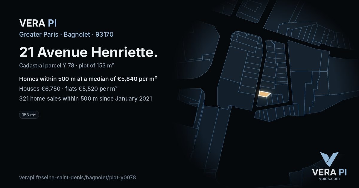 21 Avenue Henriette, Bagnolet at night – the plot lit, the parcels around coloured by the prices near them