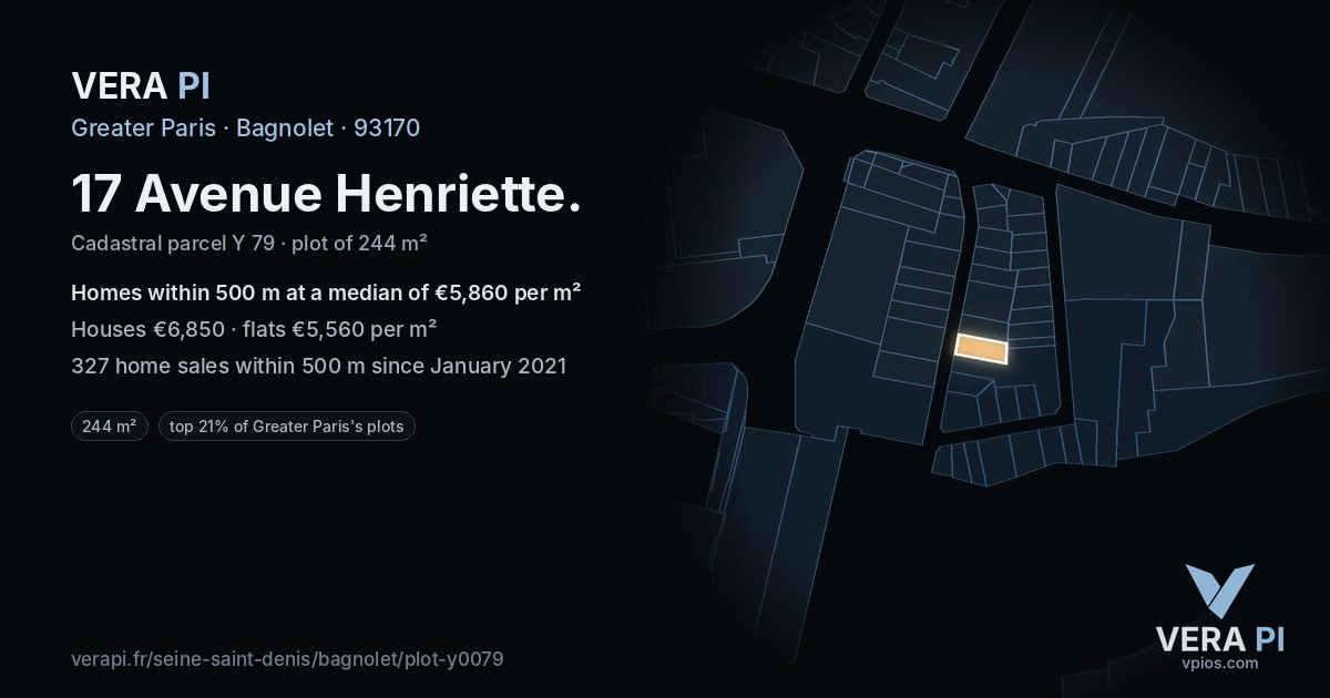 17 Avenue Henriette, Bagnolet at night – the plot lit, the parcels around coloured by the prices near them