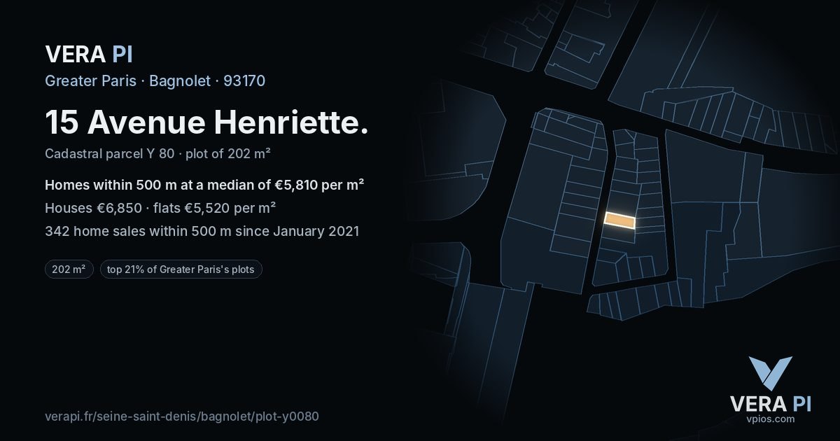 15 Avenue Henriette, Bagnolet at night – the plot lit, the parcels around coloured by the prices near them