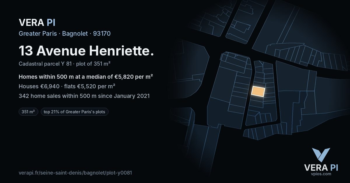 13 Avenue Henriette, Bagnolet at night – the plot lit, the parcels around coloured by the prices near them