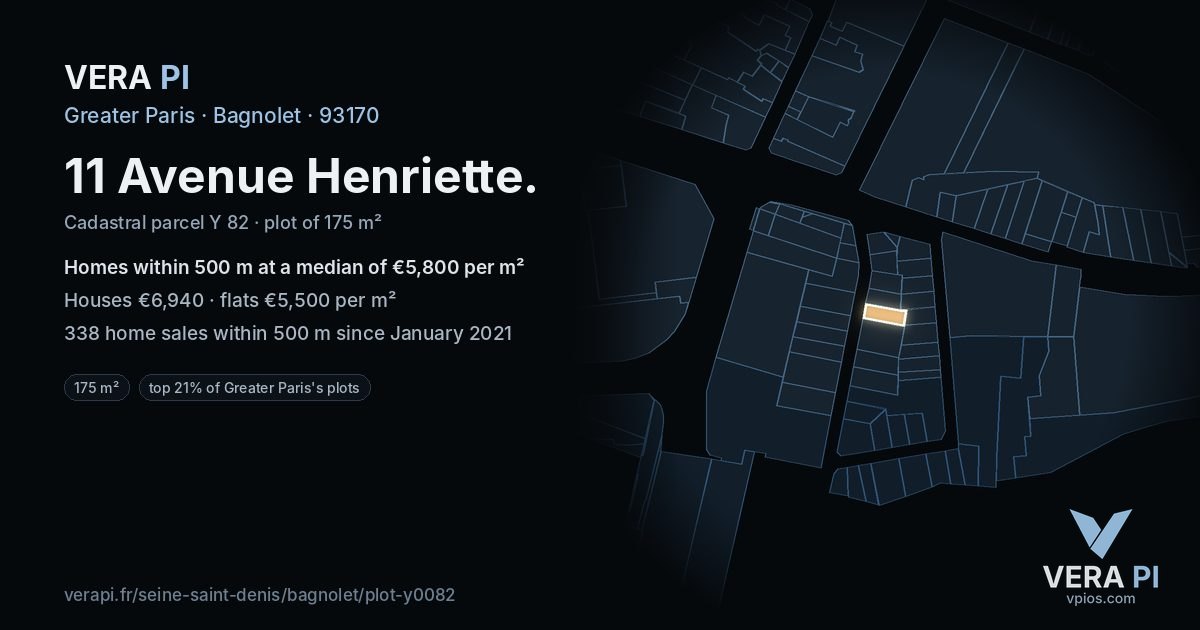 11 Avenue Henriette, Bagnolet at night – the plot lit, the parcels around coloured by the prices near them