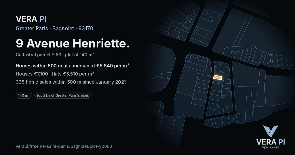 9 Avenue Henriette, Bagnolet at night – the plot lit, the parcels around coloured by the prices near them