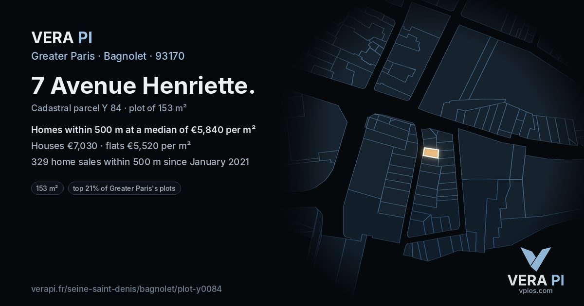 7 Avenue Henriette, Bagnolet at night – the plot lit, the parcels around coloured by the prices near them