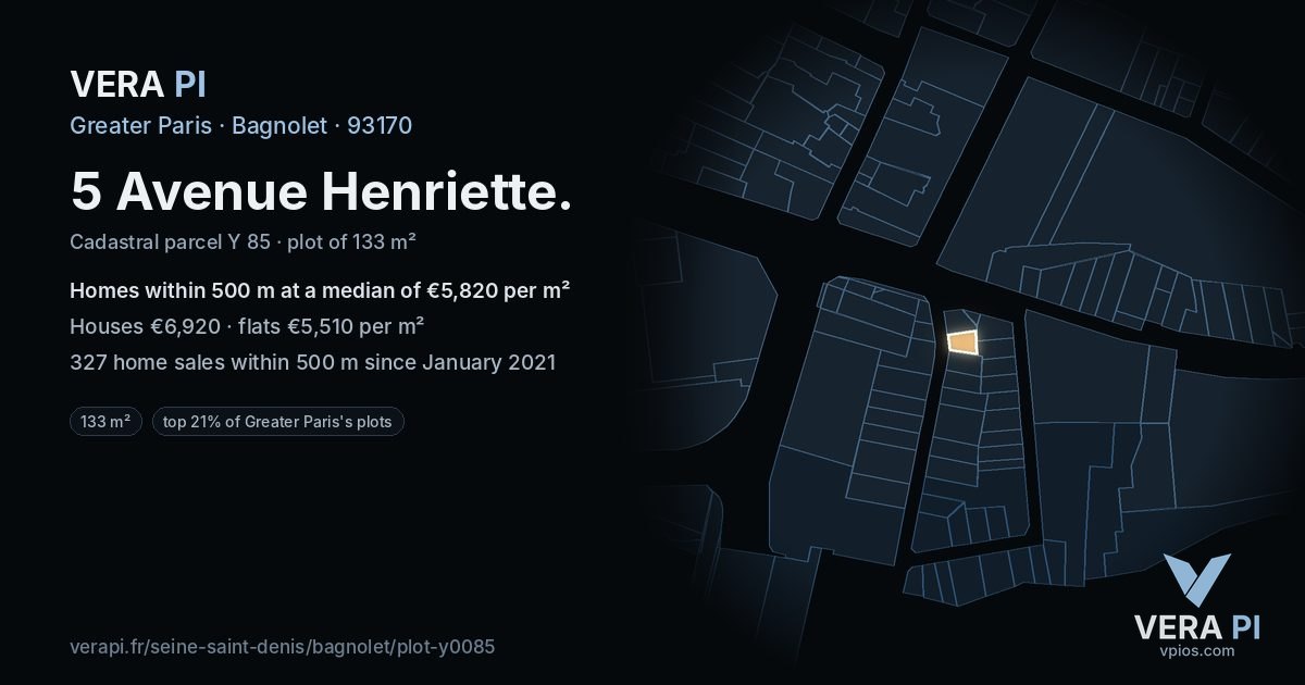 5 Avenue Henriette, Bagnolet at night – the plot lit, the parcels around coloured by the prices near them