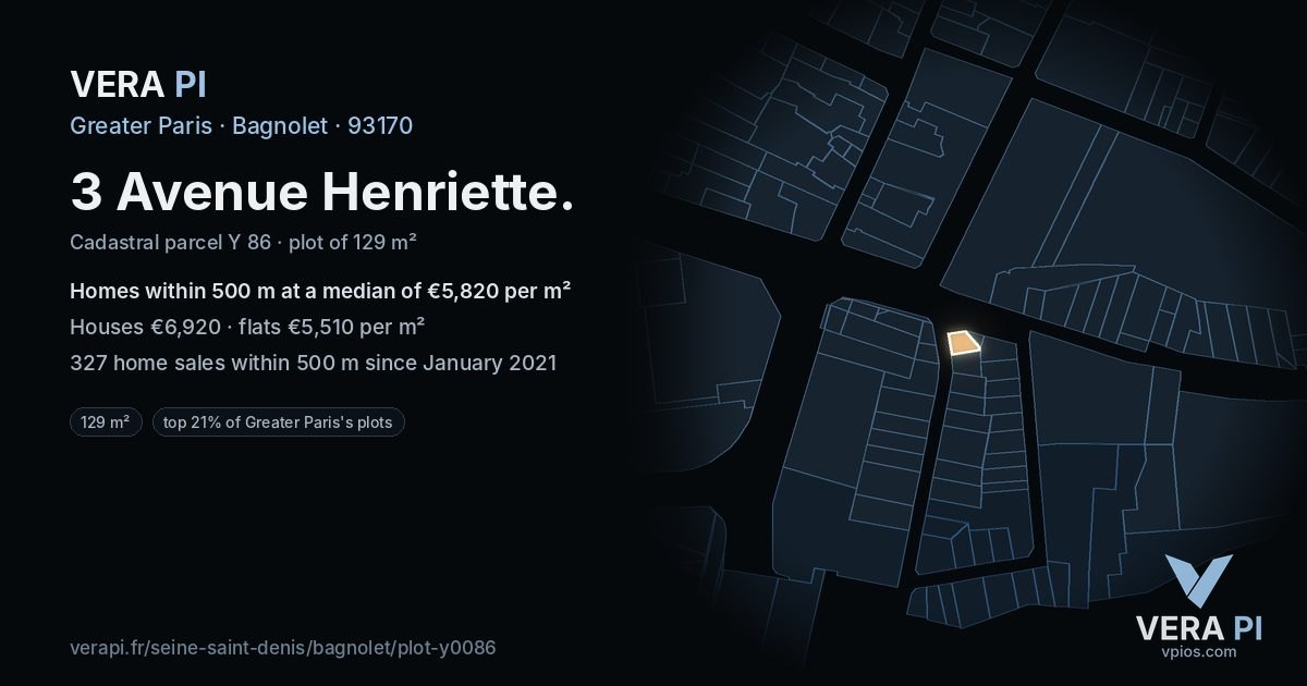 3 Avenue Henriette, Bagnolet at night – the plot lit, the parcels around coloured by the prices near them