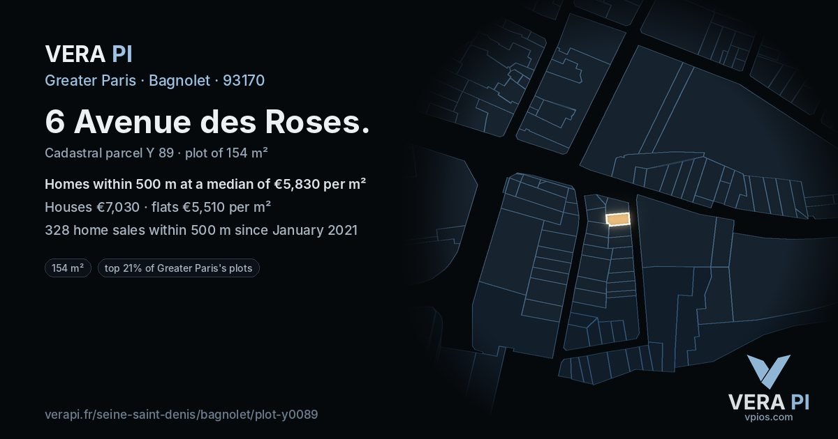 6 Avenue des Roses, Bagnolet at night – the plot lit, the parcels around coloured by the prices near them