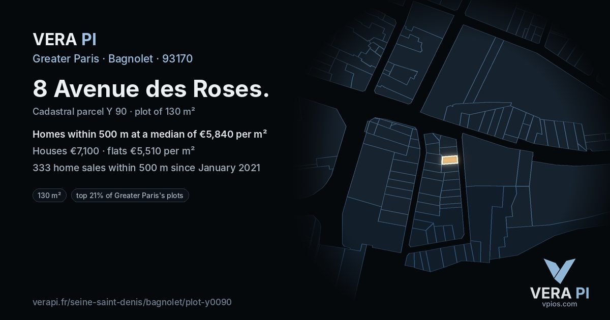 8 Avenue des Roses, Bagnolet at night – the plot lit, the parcels around coloured by the prices near them