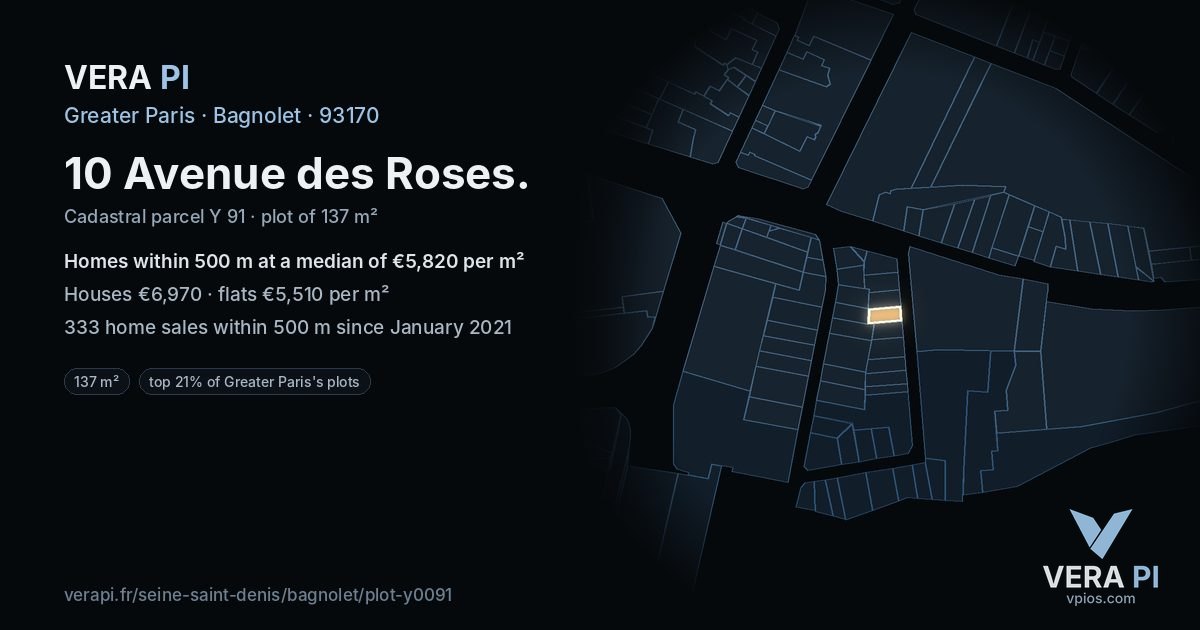 10 Avenue des Roses, Bagnolet at night – the plot lit, the parcels around coloured by the prices near them