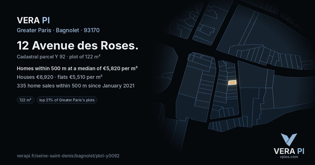 12 Avenue des Roses, Bagnolet at night – the plot lit, the parcels around coloured by the prices near them