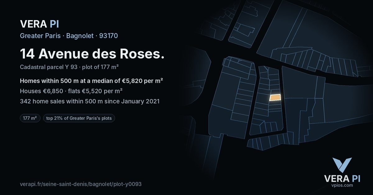 14 Avenue des Roses, Bagnolet at night – the plot lit, the parcels around coloured by the prices near them