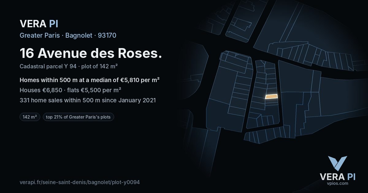 16 Avenue des Roses, Bagnolet at night – the plot lit, the parcels around coloured by the prices near them