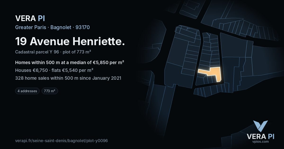 19 Avenue Henriette, Bagnolet at night – the plot lit, the parcels around coloured by the prices near them