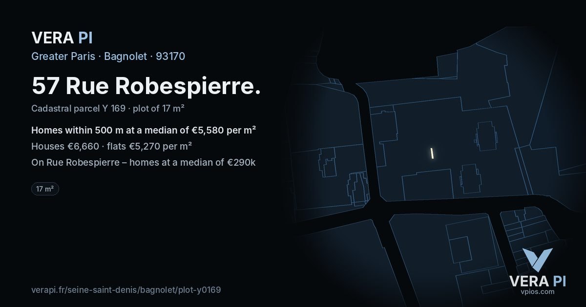 57 Rue Robespierre, Bagnolet at night – the plot lit, the parcels around coloured by the prices near them