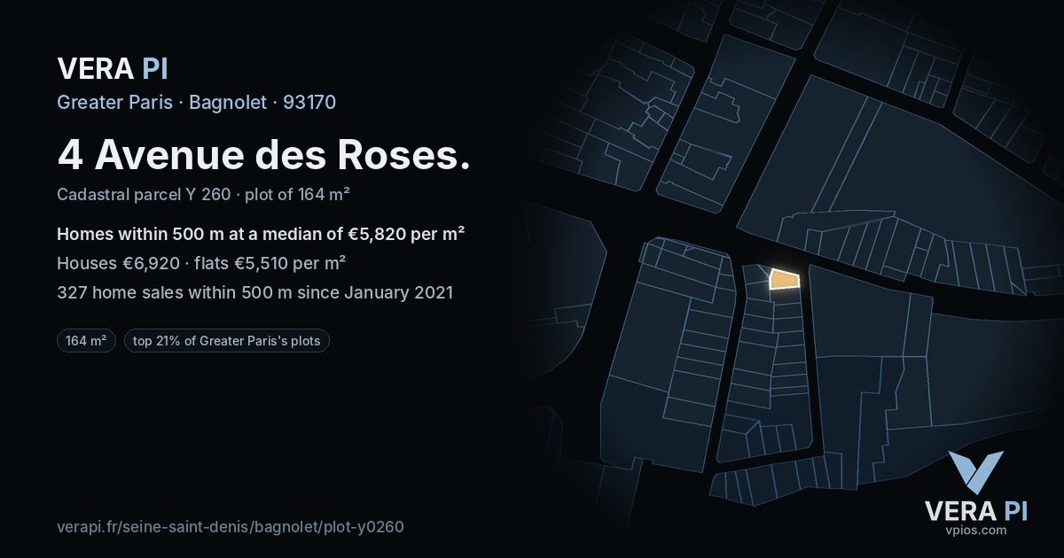 4 Avenue des Roses, Bagnolet at night – the plot lit, the parcels around coloured by the prices near them