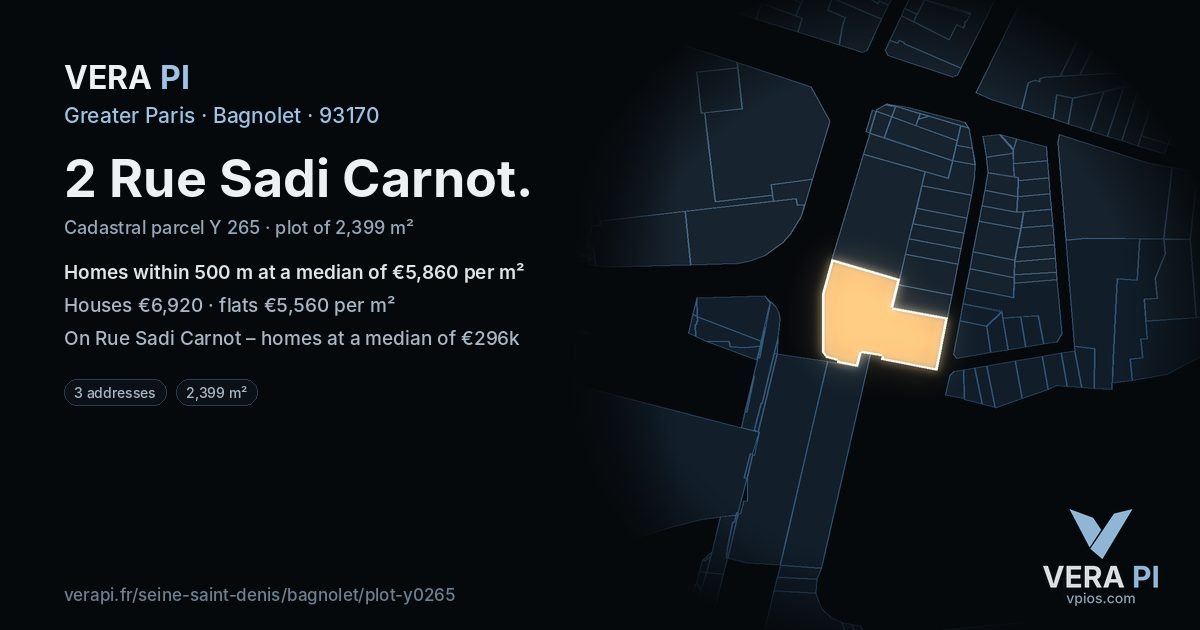 2 Rue Sadi Carnot, Bagnolet at night – the plot lit, the parcels around coloured by the prices near them
