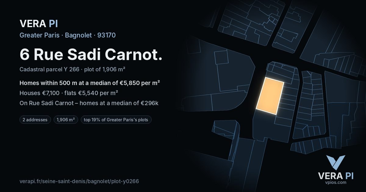 6 Rue Sadi Carnot, Bagnolet at night – the plot lit, the parcels around coloured by the prices near them