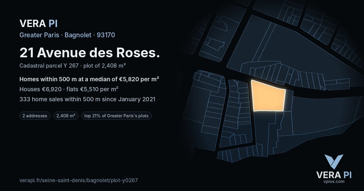 21 Avenue des Roses, Bagnolet at night – the plot lit, the parcels around coloured by the prices near them