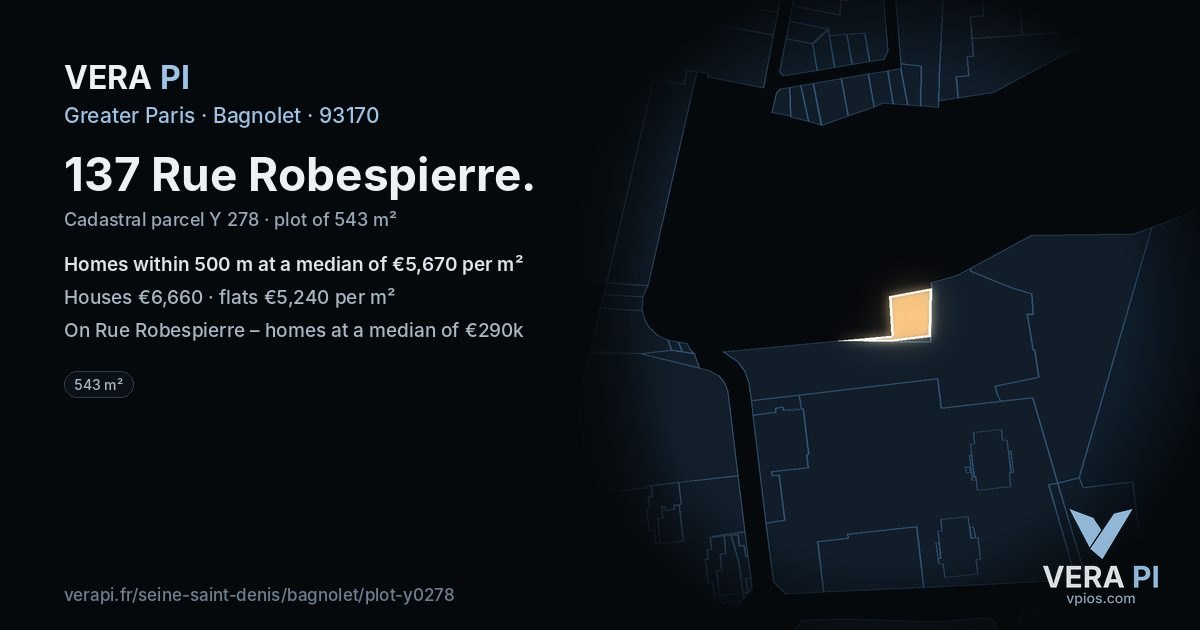 137 Rue Robespierre, Bagnolet at night – the plot lit, the parcels around coloured by the prices near them