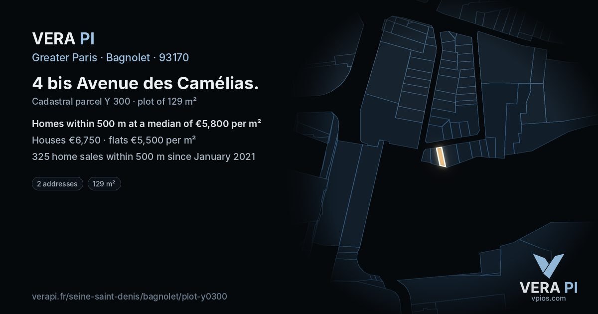 4 bis Avenue des Camélias, Bagnolet at night – the plot lit, the parcels around coloured by the prices near them