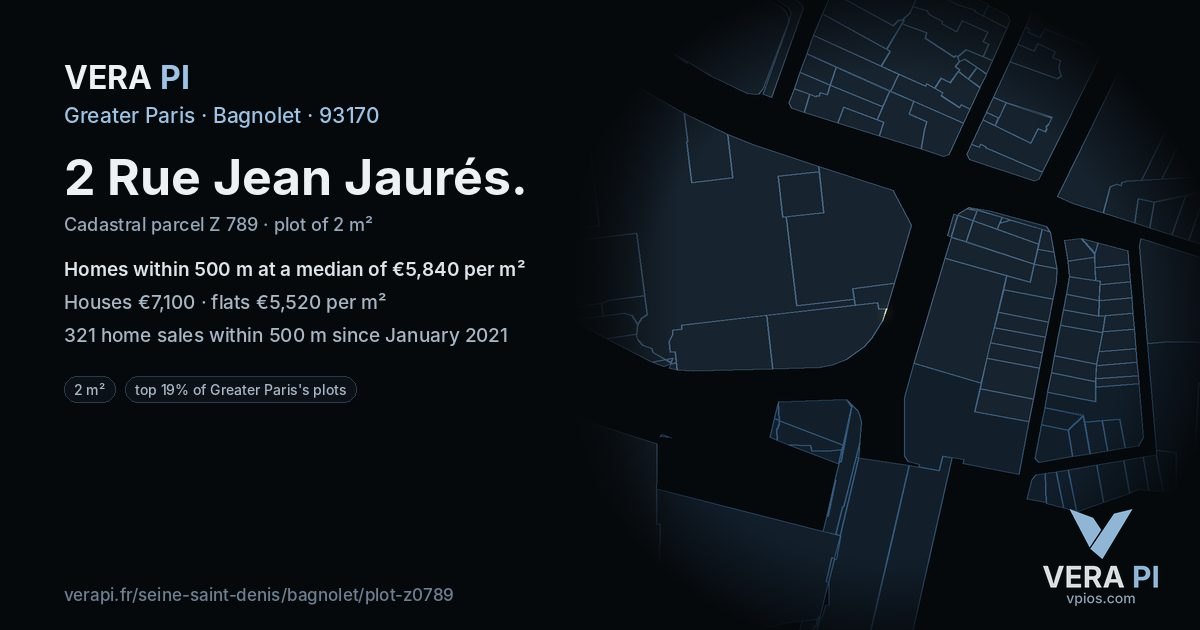 2 Rue Jean Jaurés, Bagnolet at night – the plot lit, the parcels around coloured by the prices near them
