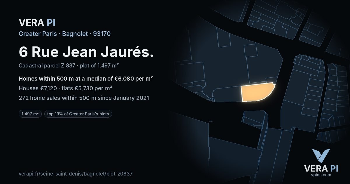 6 Rue Jean Jaurés, Bagnolet at night – the plot lit, the parcels around coloured by the prices near them